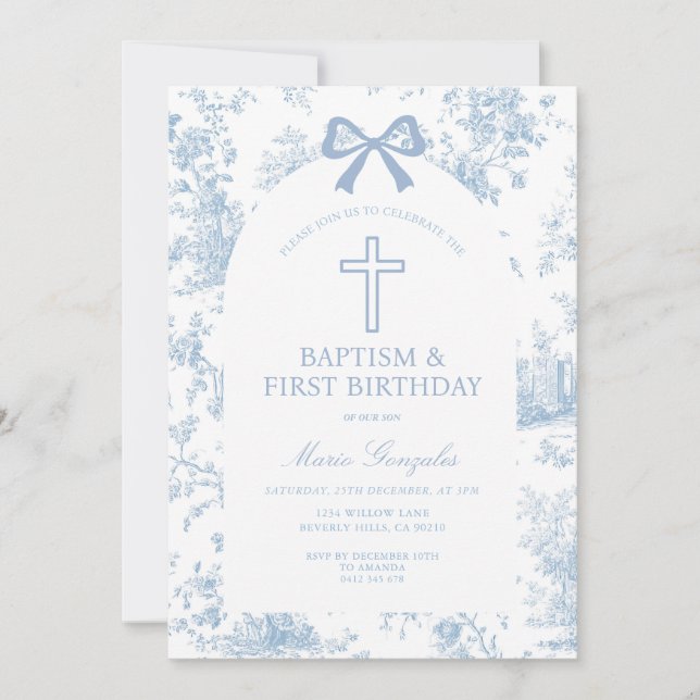 Convites Blue Toile de Jouy Baptism & First Birthday Bow  (Frente)