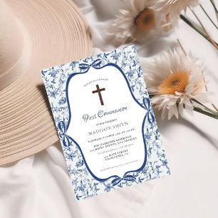 Convites Blue Toile de jouy Tea Primeira Comunhão Sagrada