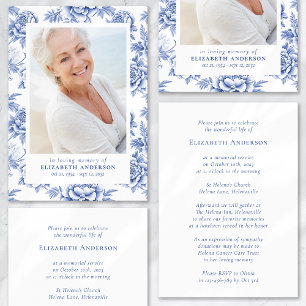Convites Blue Toile Floral Photo Funeral