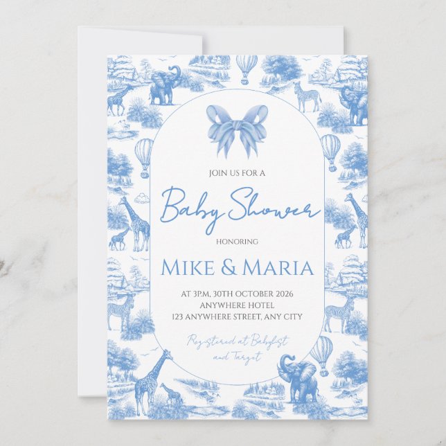 Convites Blue Toile Safari Baby Shower Invitation (Frente)