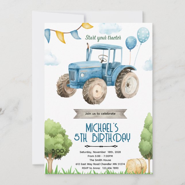 Convites Blue tractor birthday party invitation (Frente)