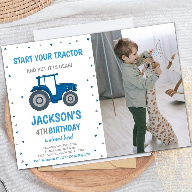 Convites Blue Trator Birthday Invances com foto (Blue Tractor Birthday Invitations with photo)