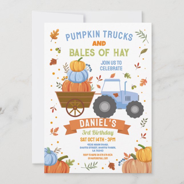 Convites Blue Trators Pumpkin Birthday Harvest (Frente)