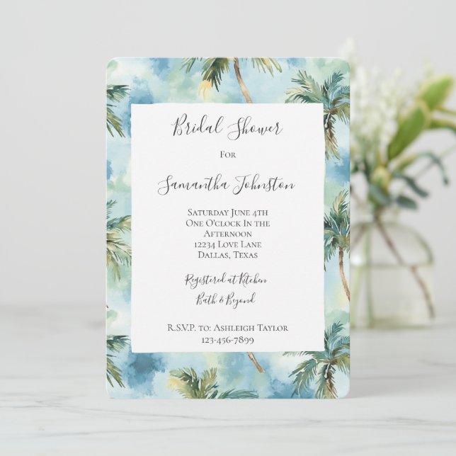 Convites Blue Tropical Island Palm Trees Bridal Shower  (Em pé/Frente)