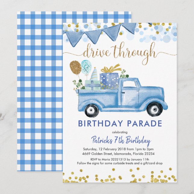 Convites Blue Truck Boy Drive by Birthday (Frente/Verso)