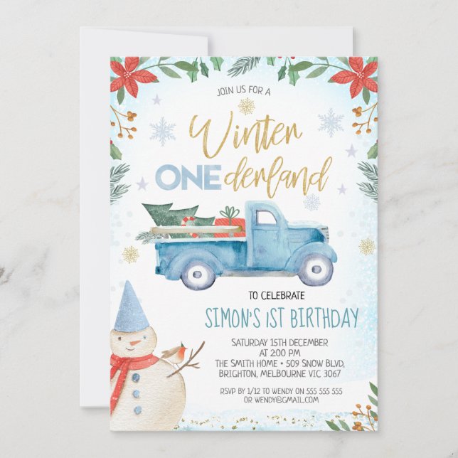 Convites Blue Truck Poinsettia Winter Onederland Aniversári (Frente)