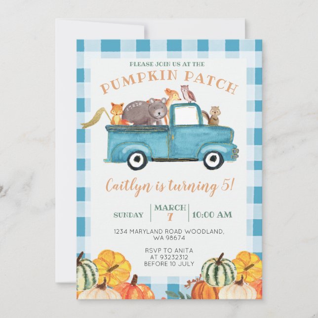 Convites Blue Truck Pumpkin Patch Gingham quinto aniversári (Frente)