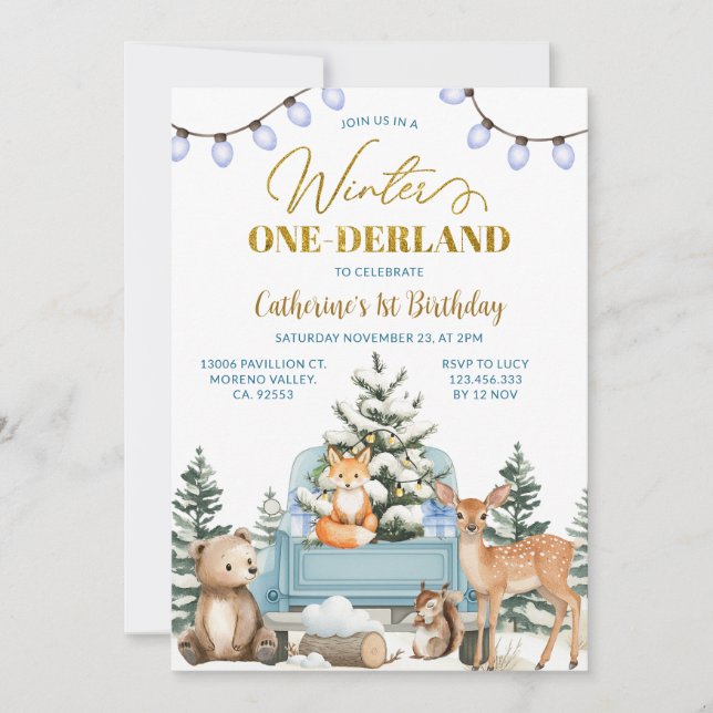 Convites Blue Truck Winter One-derland Animals 1st Birthday (Frente)