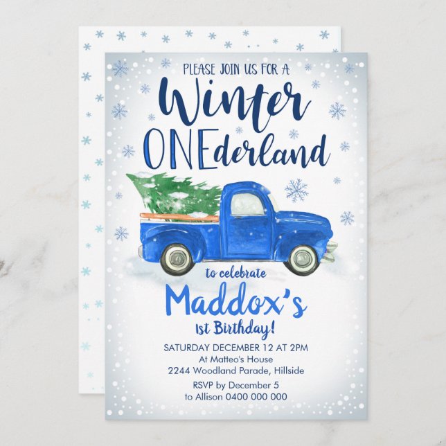 Convites Blue Truck Winter ONEderland Invitation Boy 1rua (Frente/Verso)