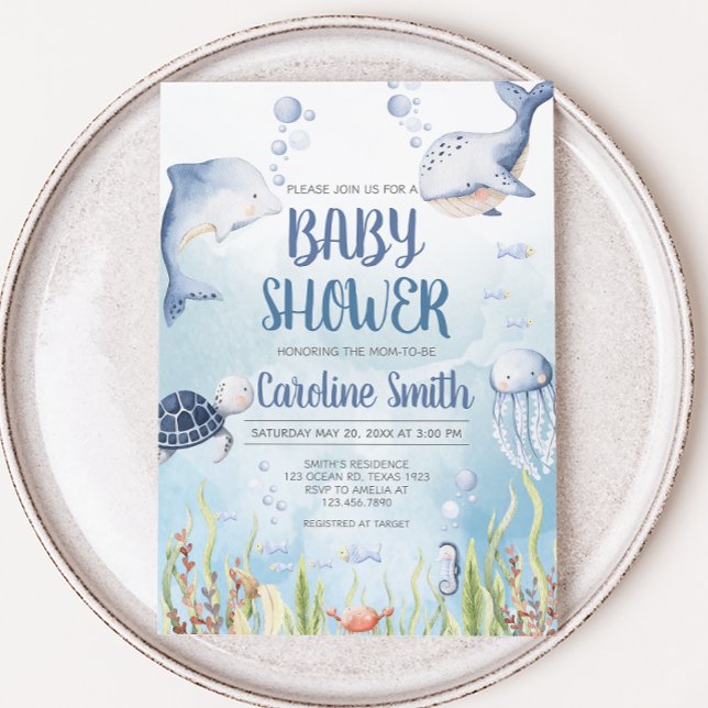 Convites Blue Under the Sea Baby Shower (Summer Baby Shower Invitation)