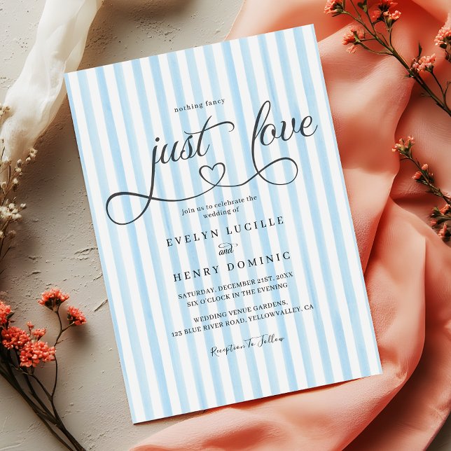 Convites Blue vertical stripes Modern Script Heart Wedding (Criador carregado)