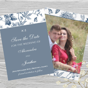 Convites Blue Vintage Floral French Save the Date Photo