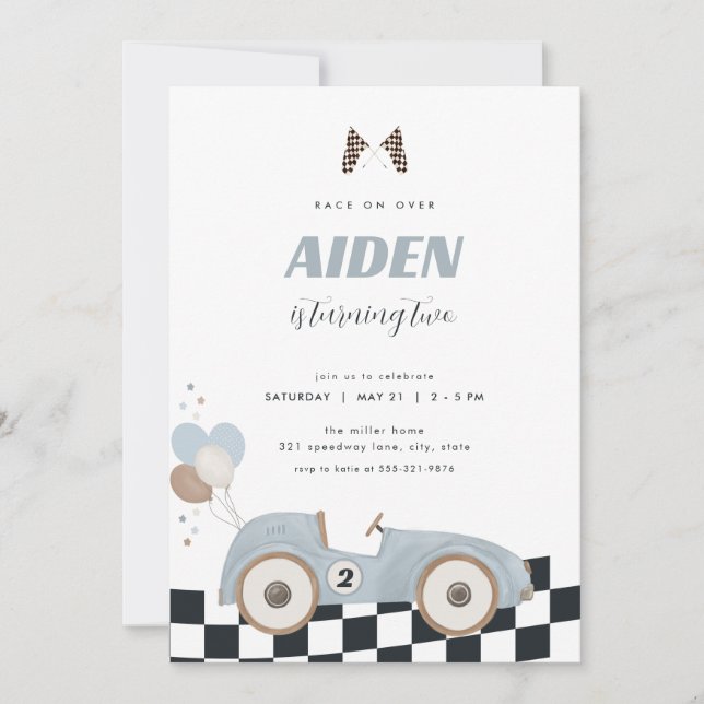 Convites Blue Vintage Race Car Boy Birthday Invite  (Frente)