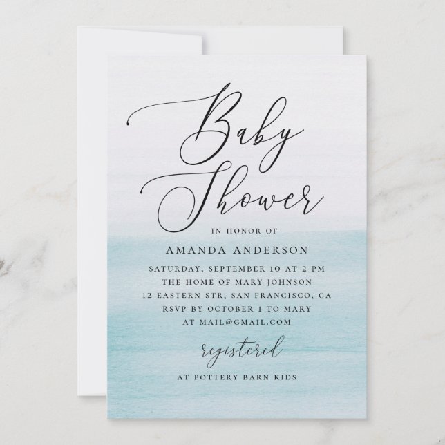 Convites Blue Watercolor Baby Shower | Elegant Coastal (Frente)