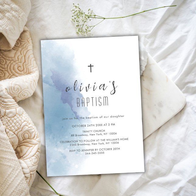 Convites Blue Watercolor Black Cross Christening Baptism (Blue Watercolor Black Cross Christening Baptism Invitation)