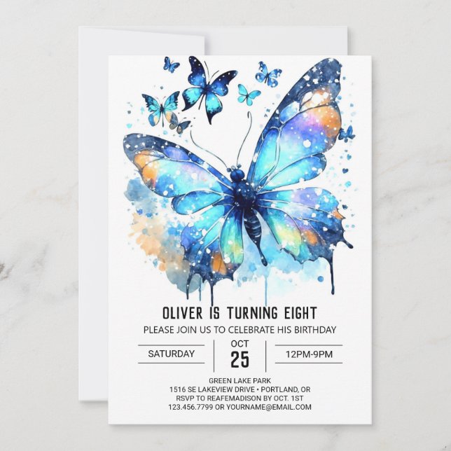 Convites Blue Watercolor Butterfly Boy Birthday (Frente)
