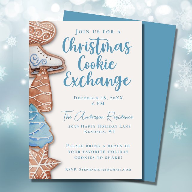 Convites Blue Watercolor Christmas Cookie Exchange (Criador carregado)