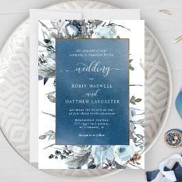 Convites Blue Watercolor com Casamento Floral Azul Elegante