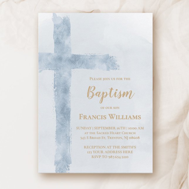 Convites blue watercolor cross Baptism  (Criador carregado)