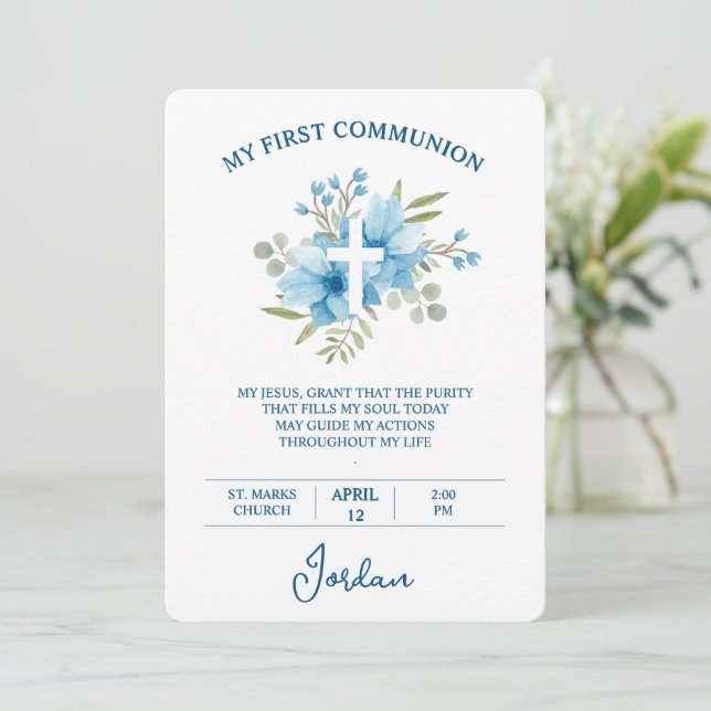 Convites Blue Watercolor Cross First Holy Communion (Em pé/Frente)
