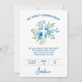 Convites Blue Watercolor Cross First Holy Communion