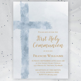 Convites blue watercolor cross First Holy Communion