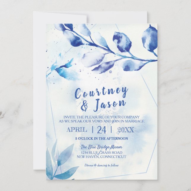 Convites Blue Watercolor Deixa Casamento Russo (Frente)