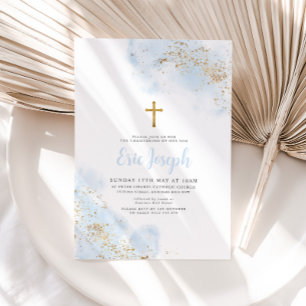 Convites Blue Watercolor Dourado Cross Boy Christening
