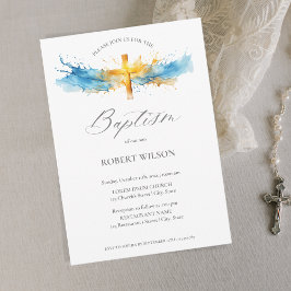 Convites Blue Watercolor Dourado Cross Boy Christening
