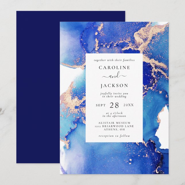 Convites Blue Watercolor e Dourado casamento (Frente/Verso)