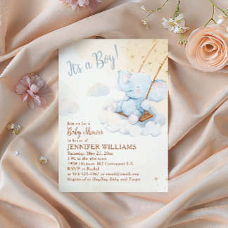 Convites Blue Watercolor Elephant Swing Boy Baby Shower