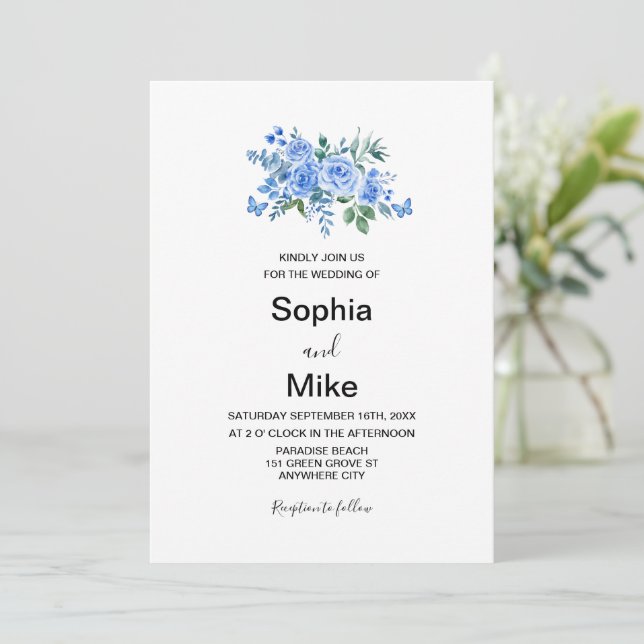 Convites Blue Watercolor Floral Butterflies Wedding (Em pé/Frente)