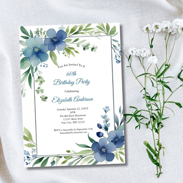 Convites Blue Watercolor Floral Elegant 60º Aniversário (Blue and Green Watercolor Floral 60th Birthday invitation)