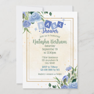 Convites Blue Watercolor Floral Leaves Baby Shower