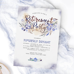 Convites Blue Watercolor Floral Script Retirement Party
