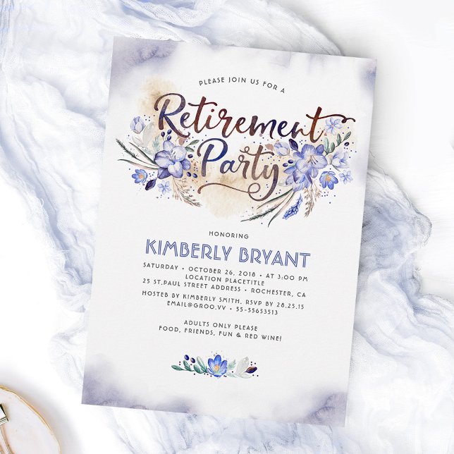 Convites Blue Watercolor Floral Script Retirement Party (Criador carregado)