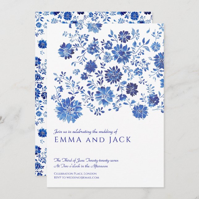 Convites Blue Watercolor Floral Wedding Invitation (Frente/Verso)