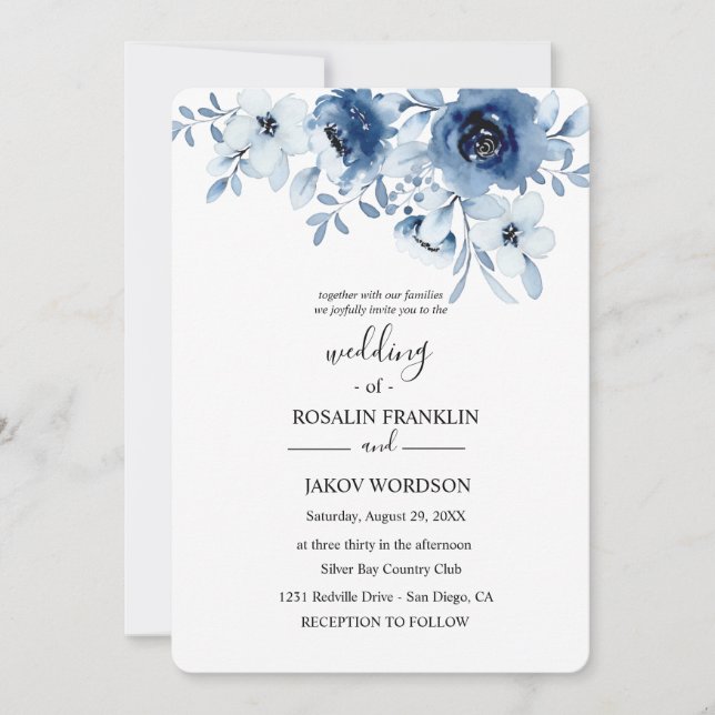 Convites blue watercolor floral wedding Invitation (Frente)
