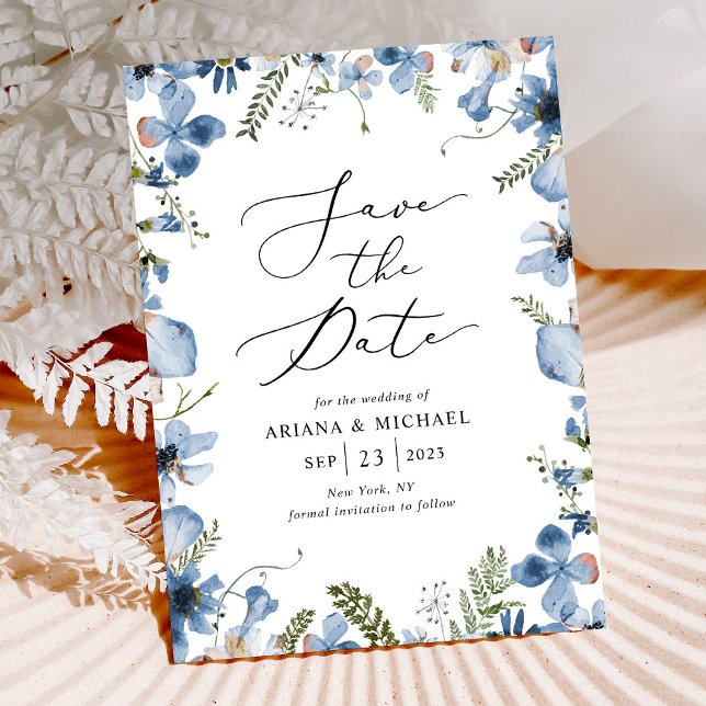 Convites Blue Watercolor Floral Weding The Date Card (Criador carregado)