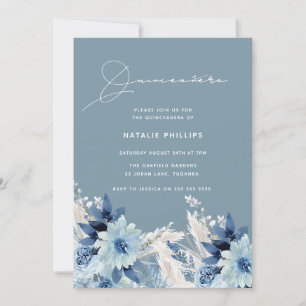 Convites Blue Watercolor Florals Modern Quinceañera Party