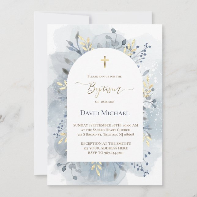 Convites blue watercolor foliage Baptism  (Frente)