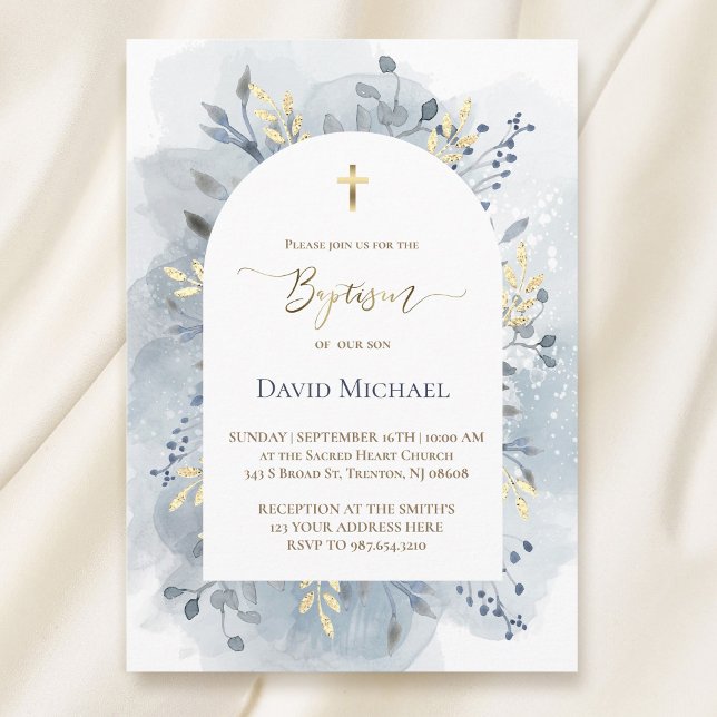 Convites blue watercolor foliage Baptism  (Criador carregado)