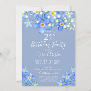Convites Blue Watercolor Forget-Me-Nots aniversário de 21 a