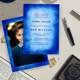 Convites Blue Watercolor Frame Custom PHOTO Bar Bat Mitzvah