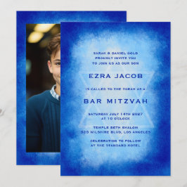 Convites Blue Watercolor Frame Custom PHOTO Bar Bat Mitzvah