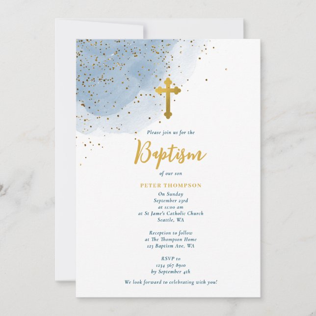 Convites Blue Watercolor Glitter Dourado Cross Baptism Boy (Frente)