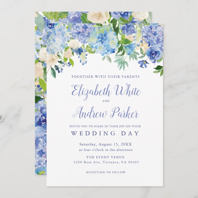 Convites Blue Watercolor hydrangea Floral Wedcard (Frente/Verso)