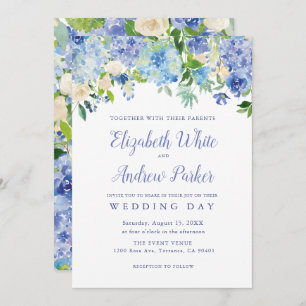 Convites Blue Watercolor hydrangea Floral Wedcard