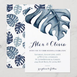 Convites Blue Watercolor Monstera Deixa Casamento