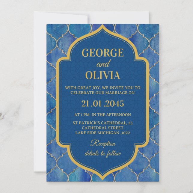 Convites Blue Watercolor Moroccan Pattern Wedding (Frente)